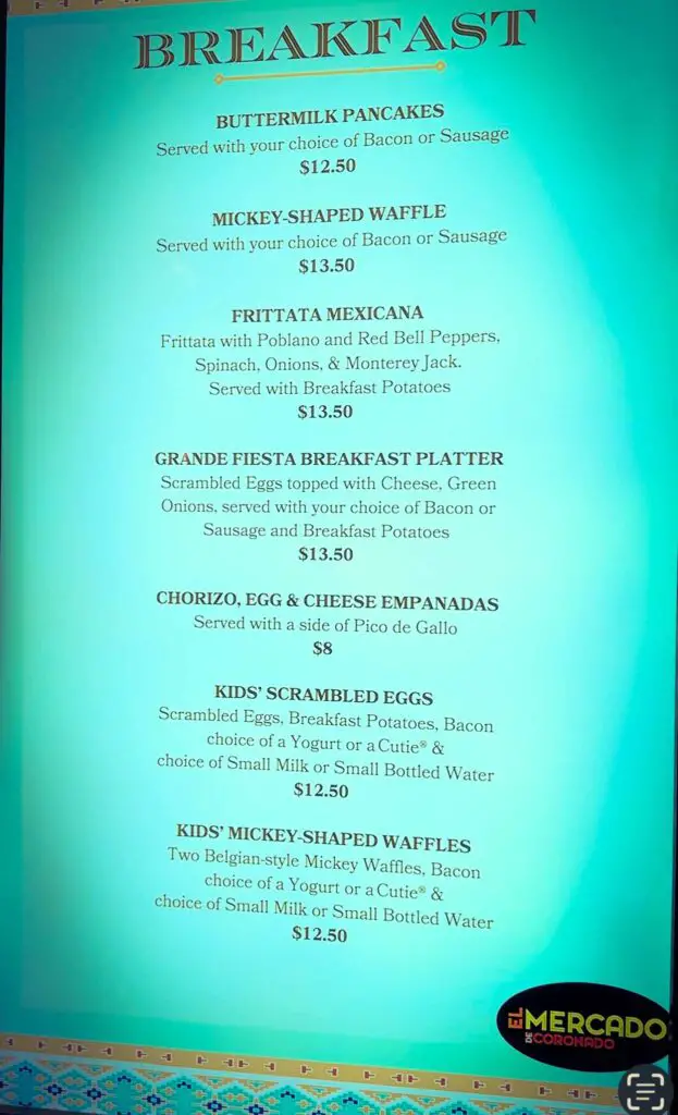 Light up restaurant menu from El Durado Marketplace, featuring menu items on the Disny Dining Plan 2024.