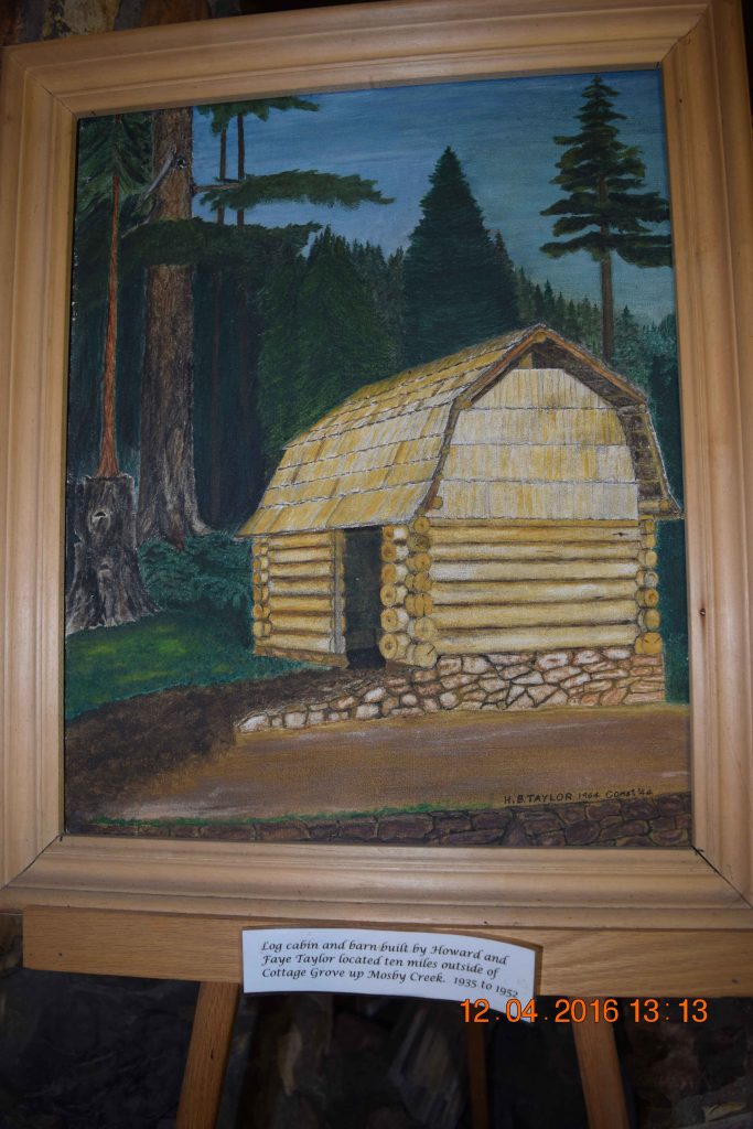 Log Cabin painting by Howard B. Taylor organ artist