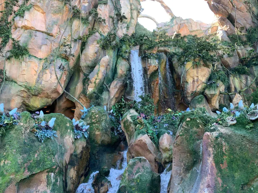 Water fall in disney's Pandora Land built into the queue of Flight of Passage