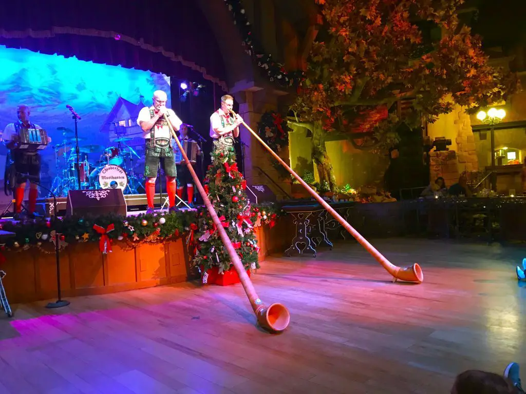 Performers at Biergarten Restaurant, one choice on the Free Disney Dining plan