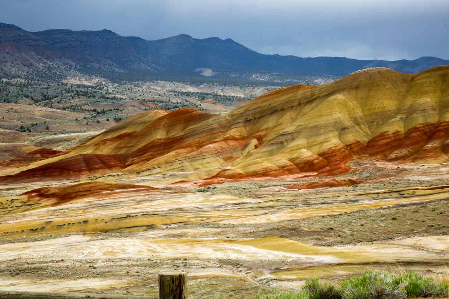 Hills with red, orange, and yellow streaks