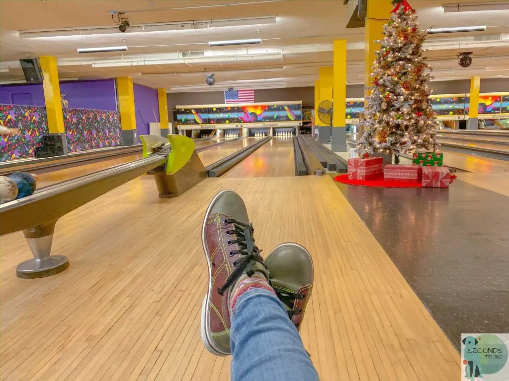 Bowling shoes in front of a duckpin bowling alley , a Connecticut  winter activity.