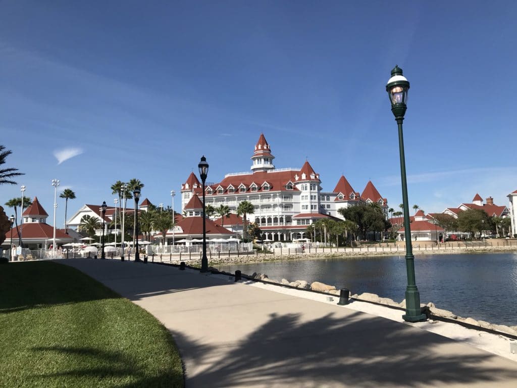 The Grand Floridian as viewed from the walkway leading to the Polynesian Resort.