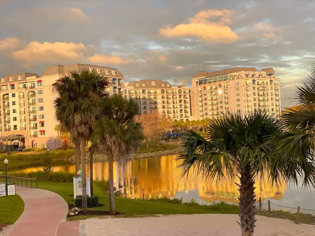 View of Disney Riviera deluxe resort at sunset