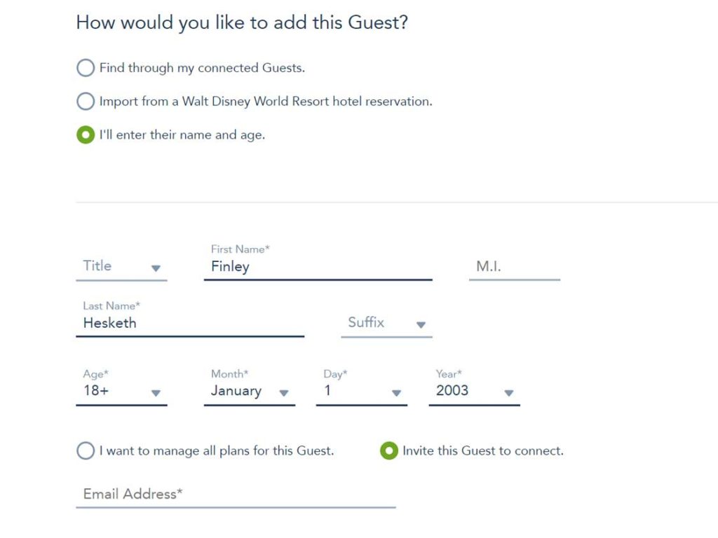 Screenshot of My Disney Experience app showing guest connection process