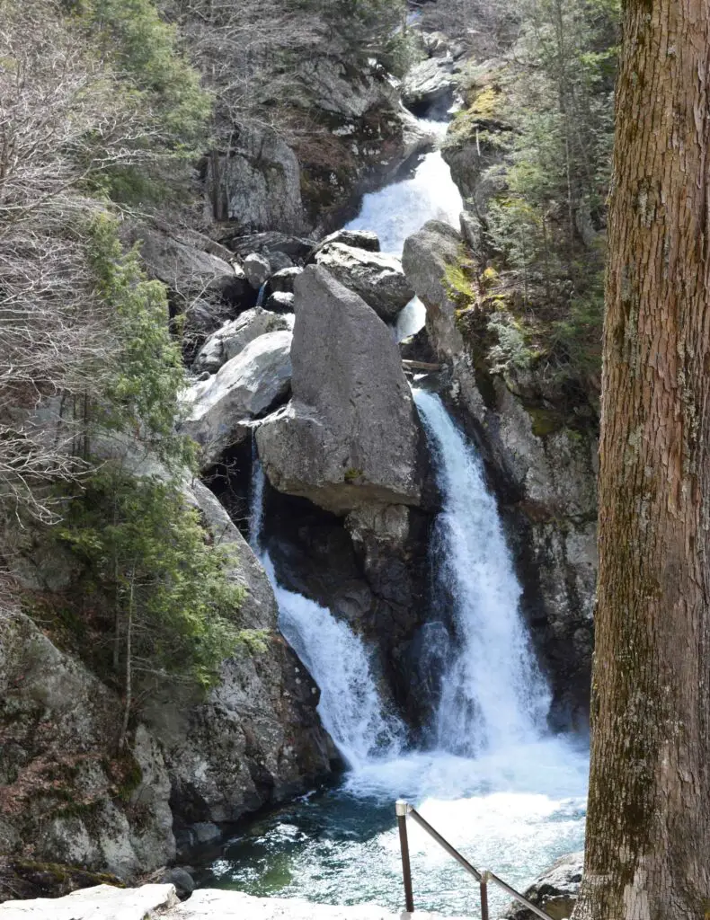 The twin flumes of Bish Bash Falls State Park as seen from the top of the stairs.