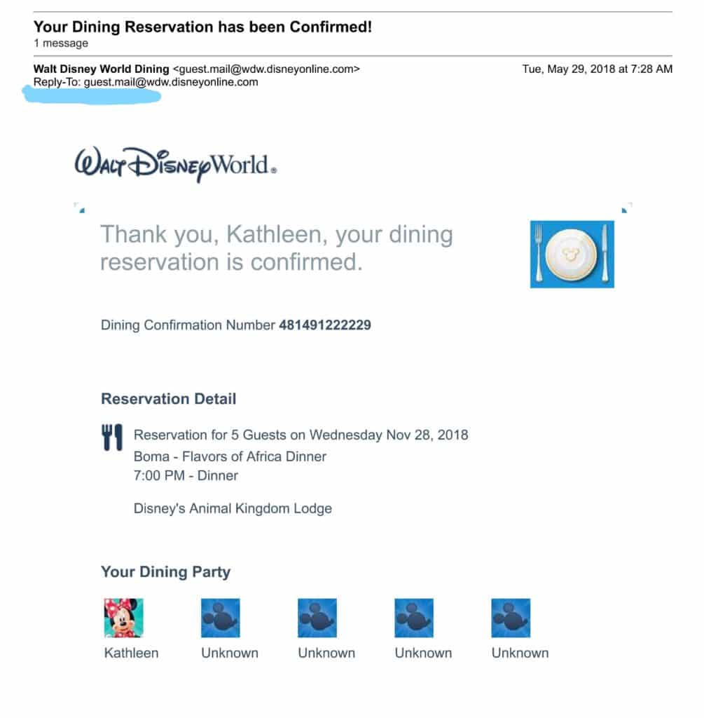 Email confirmation of a Disney World Advanced Dining reservation