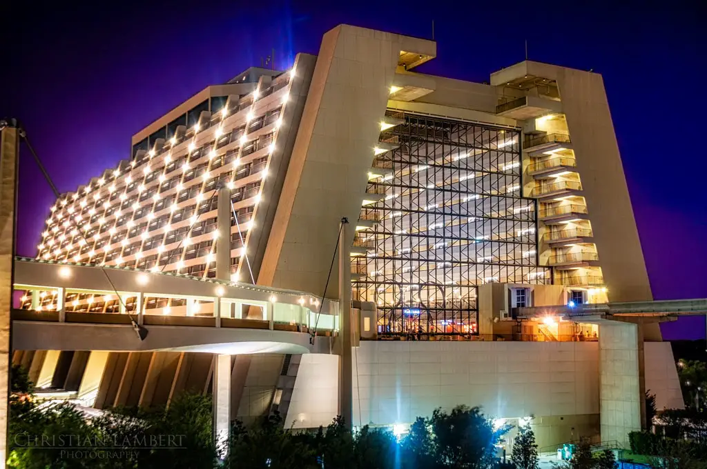 Contemporary lit up at night, the modern DIsney World resort hotel