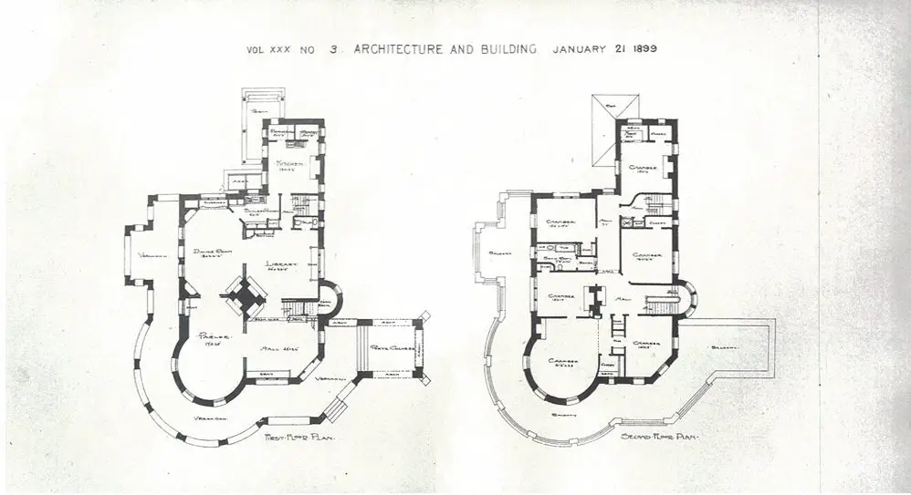 Floorplans depicting the original layout of Hearthstone Castle Danbury before neglect and age caused a collapse of the upper floors.