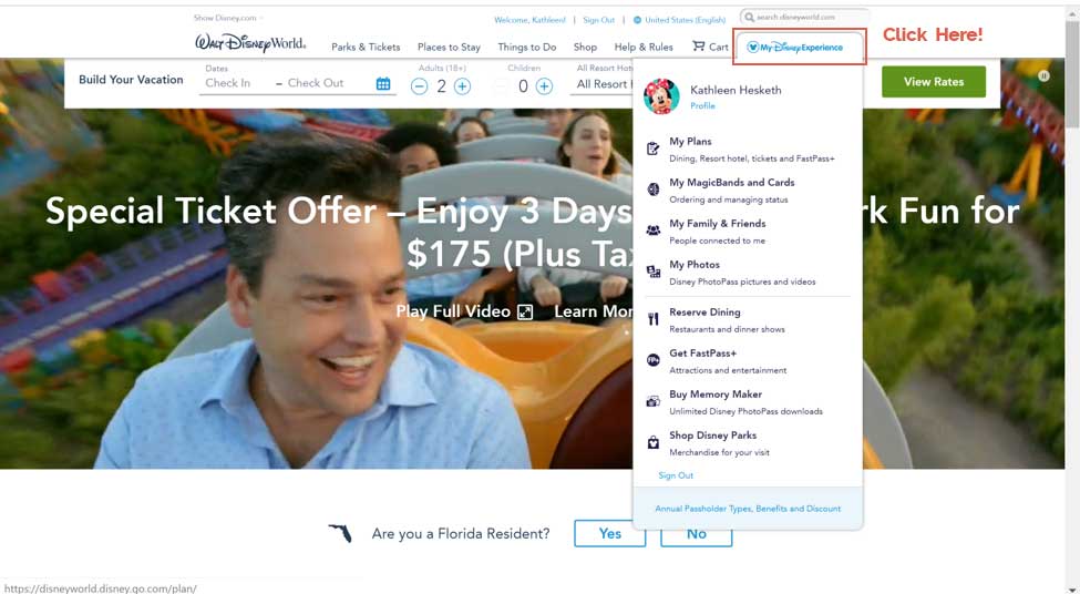 Disney World home page with My Disney Experience login link
