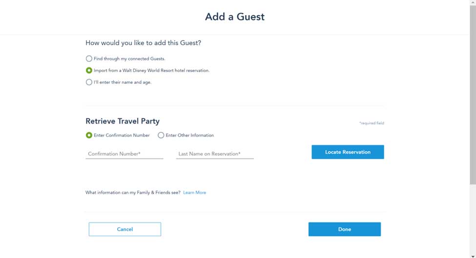 My Disney Experience connect a guest screenshot using reservation number