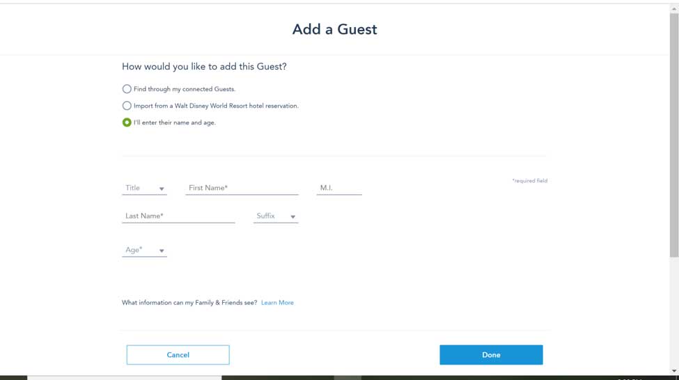 Add a guest manually to my Disney Experience screenshot