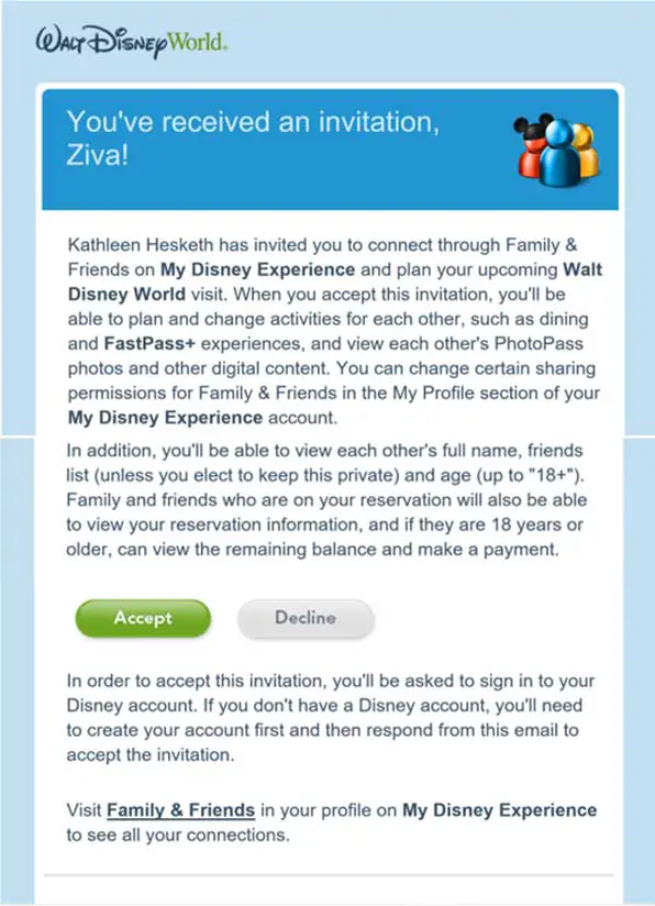 Email received when someone wants to link their My Disney Experience account to yours