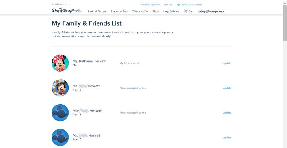 Former friendsl list from My Disney Experience
