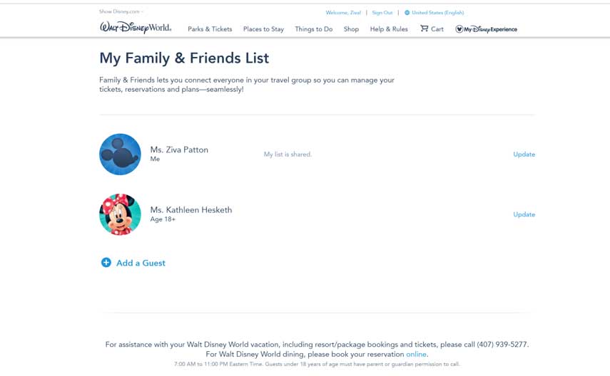 Screenshot of friends and family list when linking someone's My Disney Experience account to yours