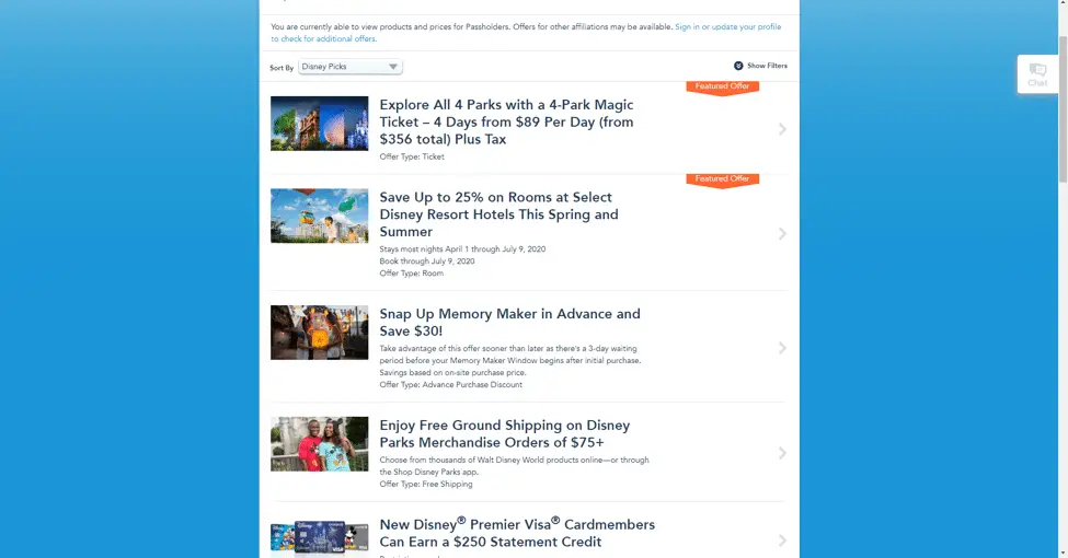 screen shot of Disney World discounts offered in 2020