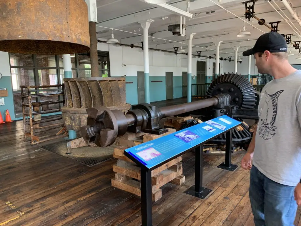 turbines on display inside one of the mills of Lowell National Historical Park