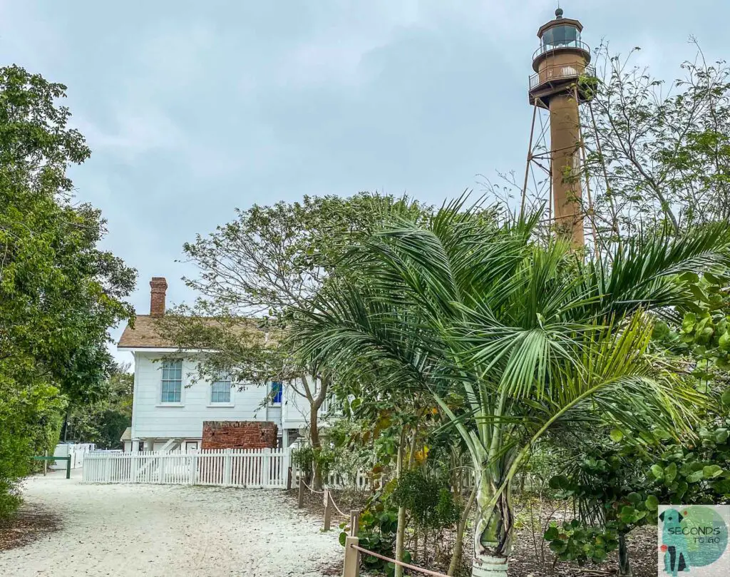 Sanibel Island Lighthouse and historic building destroyed in hurricane Ian as seen through beachside palms.