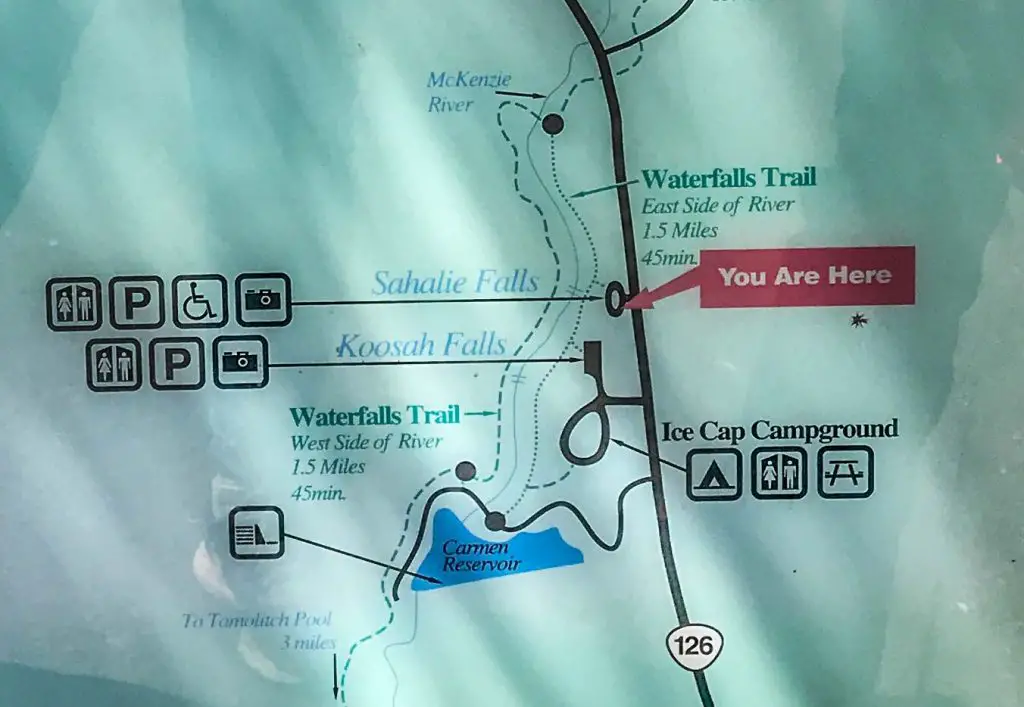 Waterfall Loops Trail map, best hike to reach both the Sahalie and Koosah Falls in Oregon