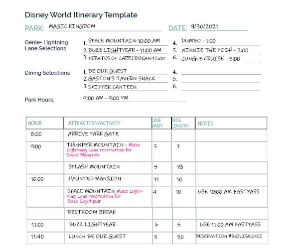 Disney World Itinerary sample