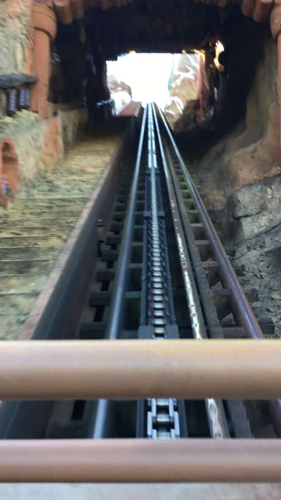 Track going up the lift hill on the Yeti ride at Disney World.