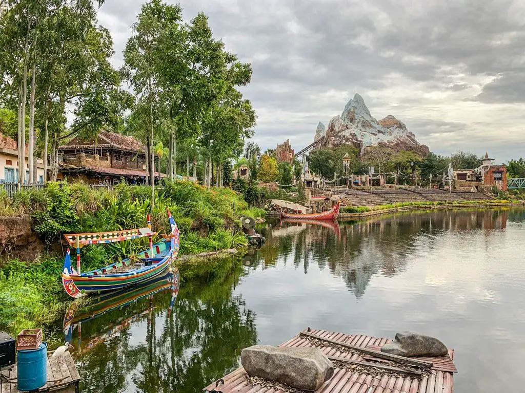 The Yeti ride at Disney World in the background with water in Animal Kingdom in the foreground