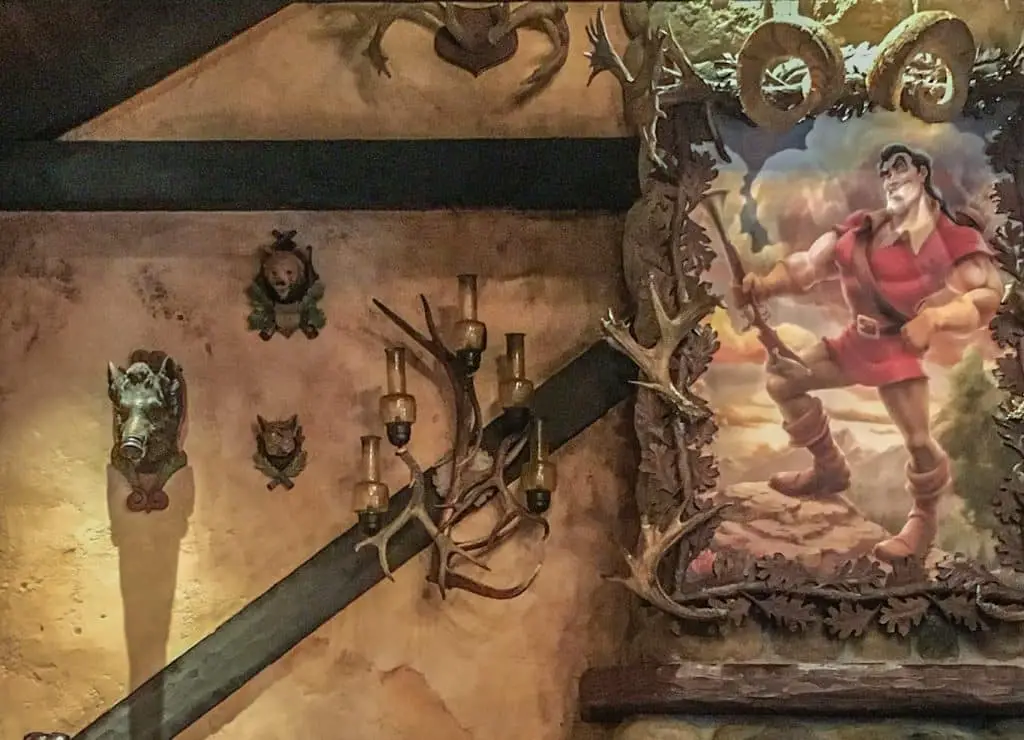 Proof that Gaston really does use antlers in all of his decorating at Gaston's Tavern, one of the best places to eat in Disney World.