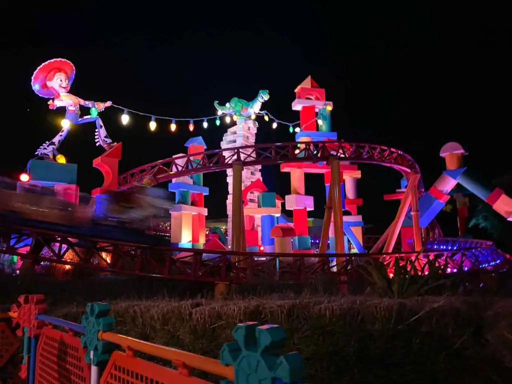 night view of slinky dog dash at Disney World HOllywood Studios