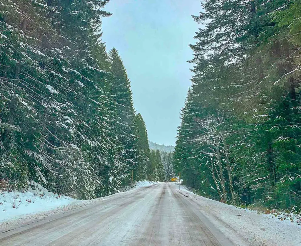 Snow covered road in Oregon in March