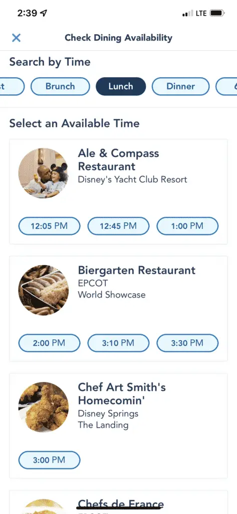 Booking a Disney ADR through the My Disney Experieance app, screenshot showing list of available restaurants.