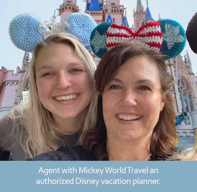 Kathleen Hesketh, travel agent with Mickey World Travel, and her daughter/social media coordinator, Ali Patton, in front of Cinderella's Castle.