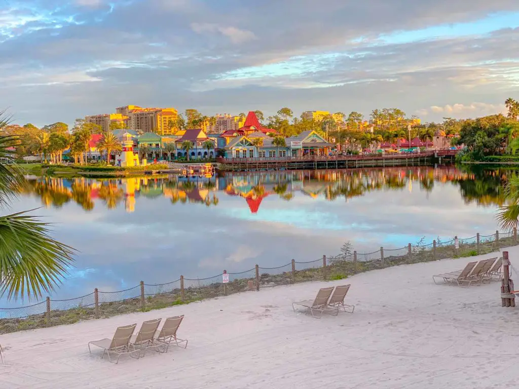 Disney's Caribbean Beach resort as the sun sets, a great resort for your first time at Disney World