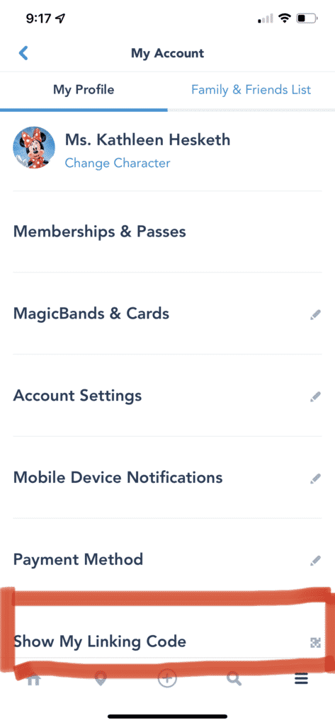 screenshot depicting how to link my disney experience accounts through app.