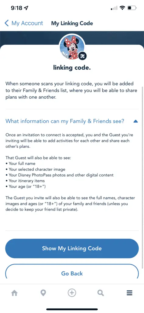 screenshot depicting how to link my disney experience accounts through app.