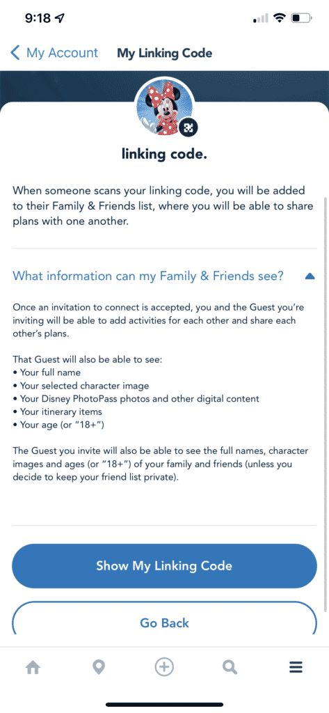 screenshot depicting how to link my disney experience accounts through app.