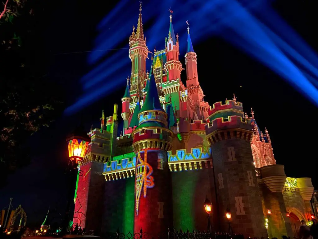 Cinderella's Castle decorated for a Disney World Christmas