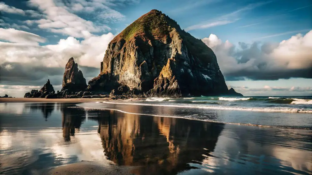 Haystack rock jutting from the surf on the North Oregon Coast.