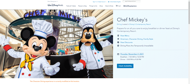 Walt Disney World character dining booking window.