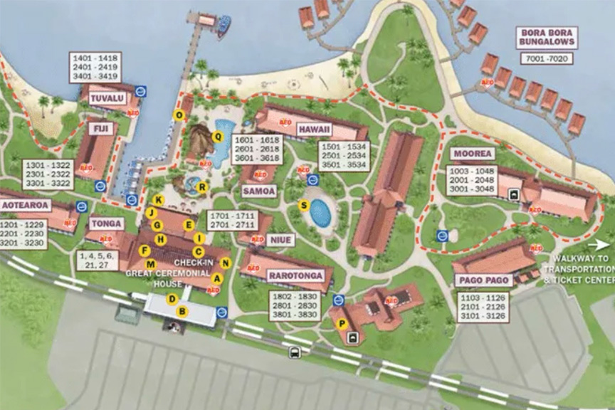 Map of Disney Polynesian Village, demarcating the Walt Disney World monorail line and the walkway to the TTC.