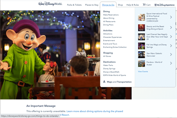 Screen shot of Walt Disney World dining booking window.