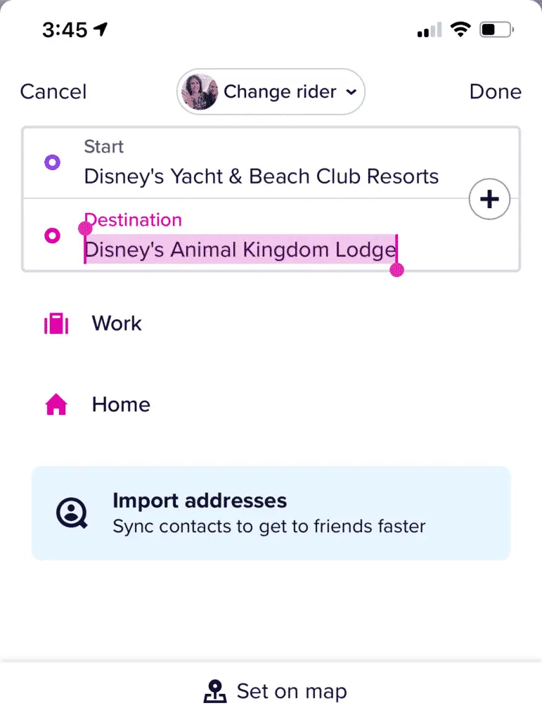 App screenshot for ordering a Lyft or Uber in Disney World