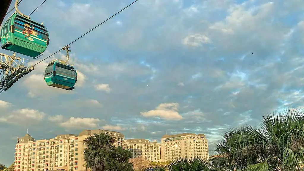 Disney World Skyliner floating past the Riviera REsort