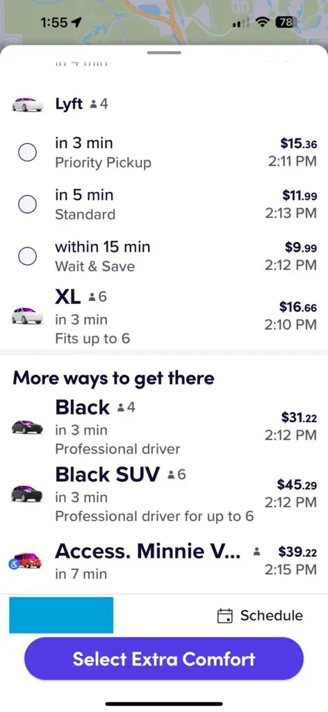 Screenshot of Lyft booking screen showing pricing and different classes of service.