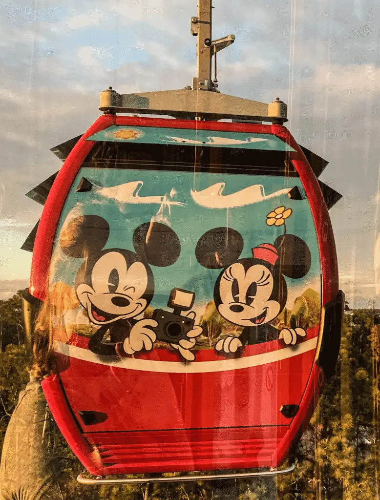 Mickey and Minnie Mouse featured on a gondola on the Walt Disney World Skyliner