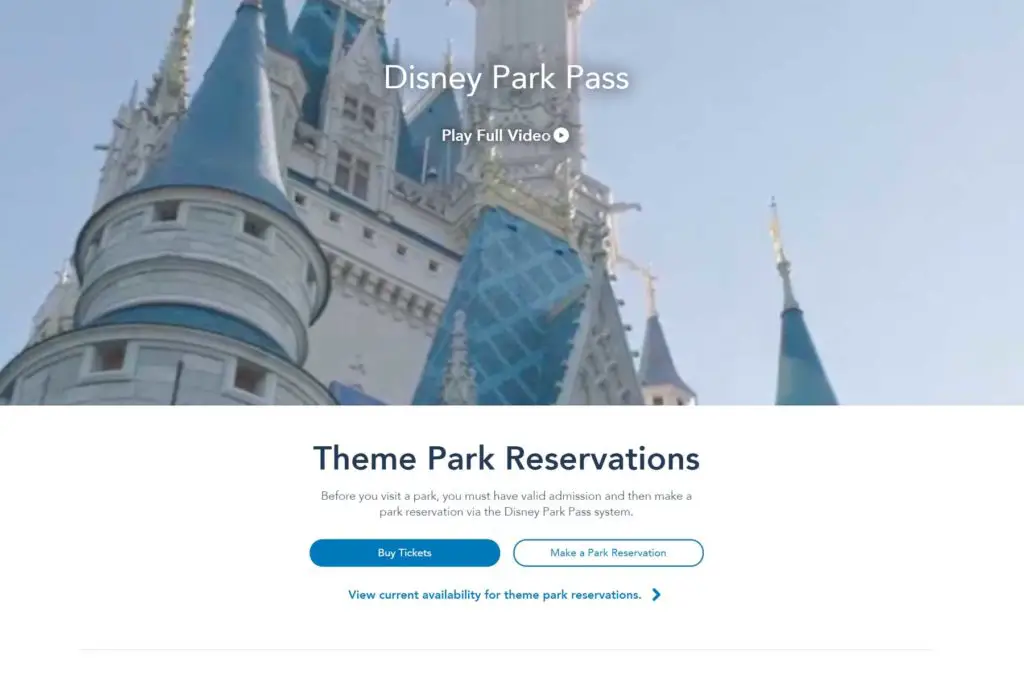 Disney World reservation system park pass page