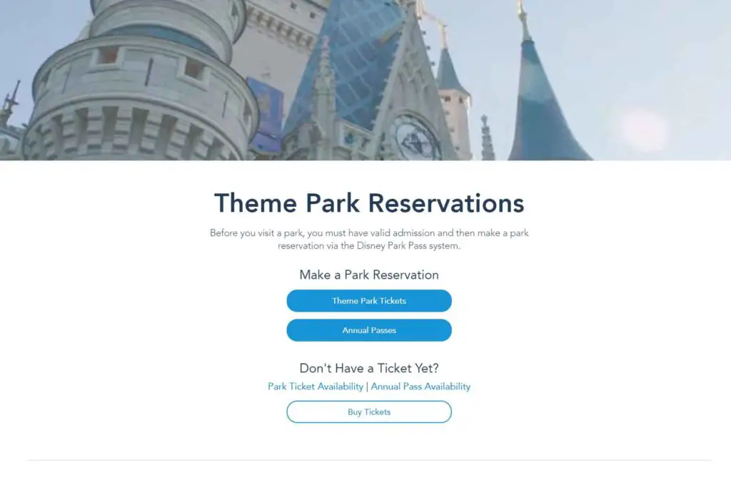 Opening screenshot of the Disney World park reservation system.