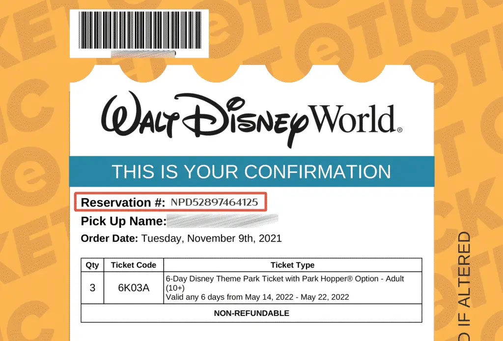 electronic disney world theme park ticket with number highlighted.