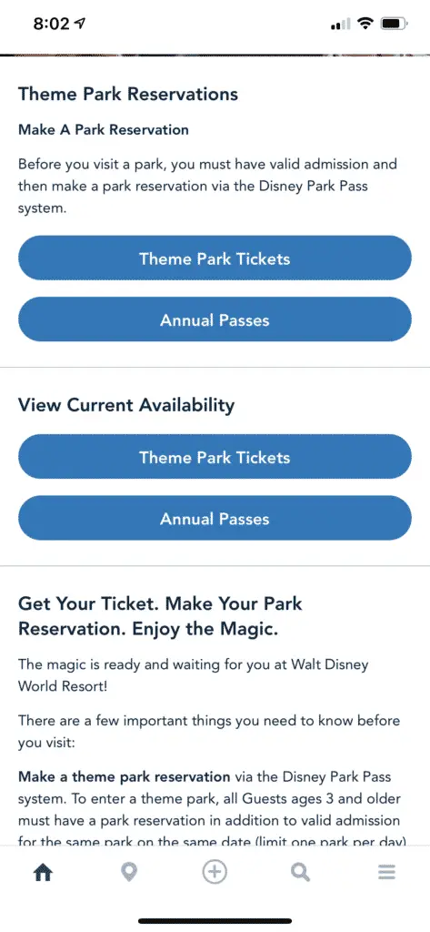 My Disney Experience app Disney Park reservation selection screen