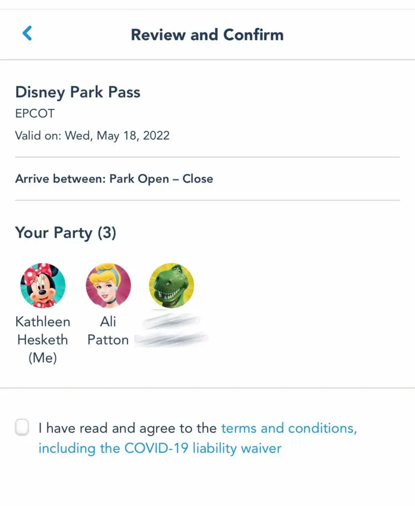Disney World park reservation system confirmation screen app