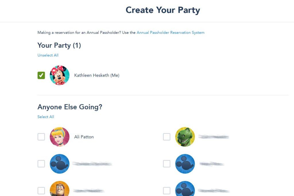 Create your party screen from the Disney World park reservation system.